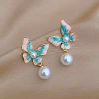 Blue Enamel Butterfly Earrings Pearl Drop Earring