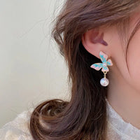 Blue Enamel Butterfly Earrings Pearl Drop Earring