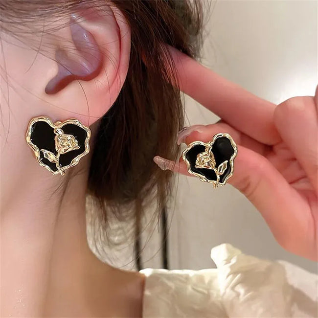 Gold Plated Black Color Heart Shape Flower Studs Earring