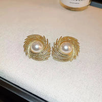 Gold Plated Elegant Irregular Shaped Spiral Eye Pearl Stud Earrings