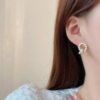Gold Plated Geometric Pearl Knot Circle Rhinestone Stud Earrings for Women