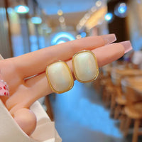 Gold Plated Geometric Rectangle Shaped Pearl Stud Earrings