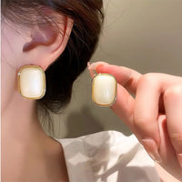 Gold Plated Geometric Rectangle Shaped Pearl Stud Earrings