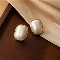 Gold Plated Geometric Rectangle Shaped Pearl Stud Earrings