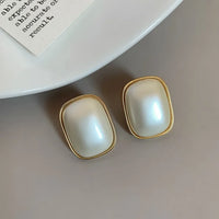 Gold Plated Geometric Rectangle Shaped Pearl Stud Earrings