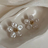 Gold Plated Pearl Petal Flower Stud Earring For Woman