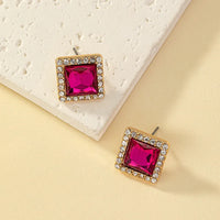Gold Plated Princess Cut Square Red Color Zircon Diamond Stud Earring