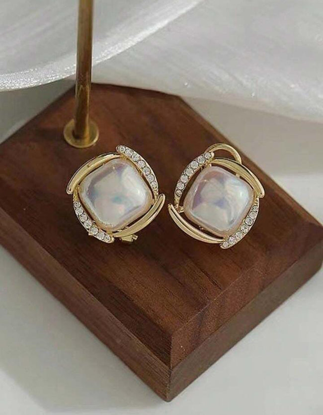 Gold Plated Square Shaped Pearl Stud Earring For Women