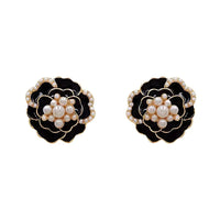 Korean Fashion Black Pearl Camellia Flower Earrings