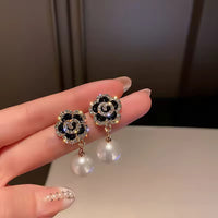 Korean Style Black Camellia Flower Pearl Drop Earrings For Women
