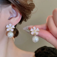 Pink Color Flower Pearl Drop Earrings