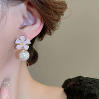 Pink Color Flower Pearl Drop Earrings