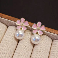 Pink Color Flower Pearl Drop Earrings