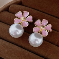 Pink Color Flower Pearl Drop Earrings