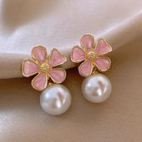Pink Color Flower Pearl Drop Earrings