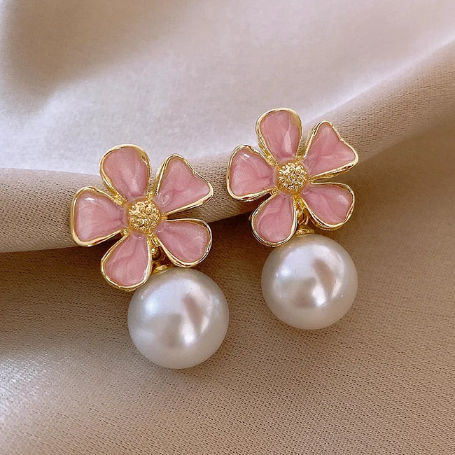 Pink Color Flower Pearl Drop Earrings