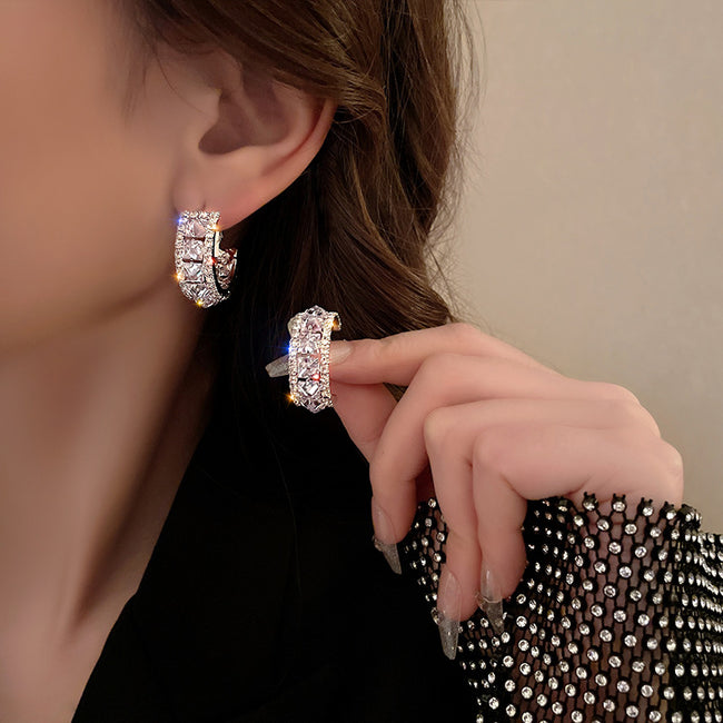 Platinum Plating Zircon Diamond Studded Hoop Earring