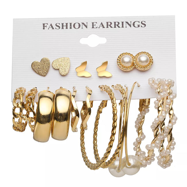 Aferando Gold Plated Earring Combo Set - Pack of 9 Hoops and Stud Earrings