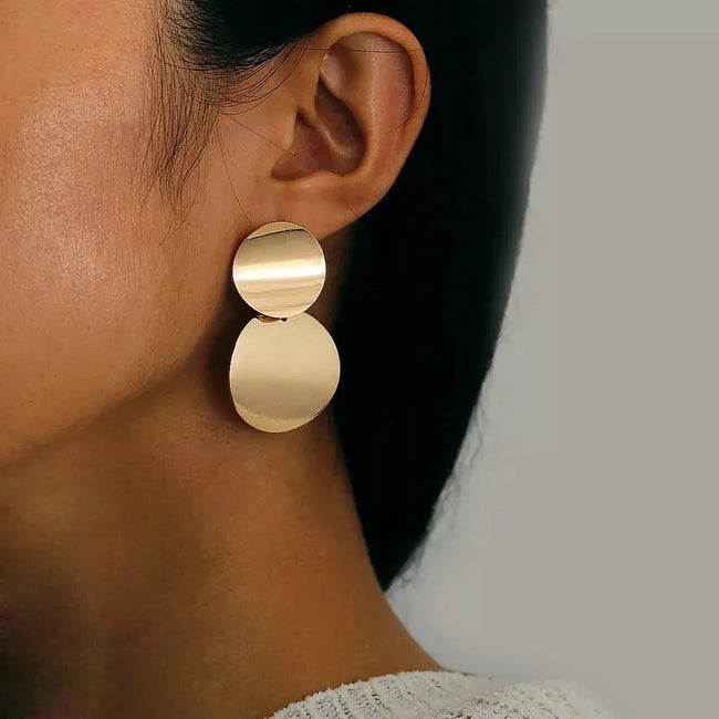 Aferando Gold Plated Geometric Double Round Huggie Disc Metal Dangle Earrings, modern and stylish Korean inspired jewelry for women.