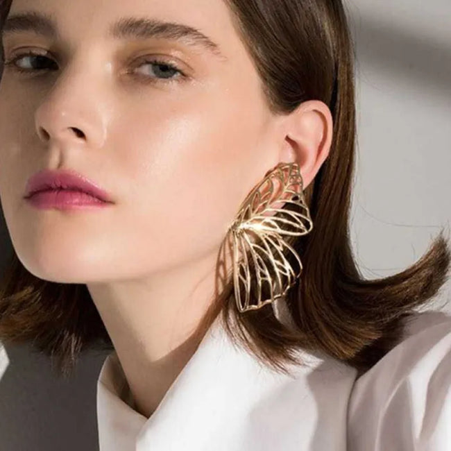 Aferando Gold Plated Hollow Out Butterfly Big Statement Stud Earrings for Women - Close-Up View