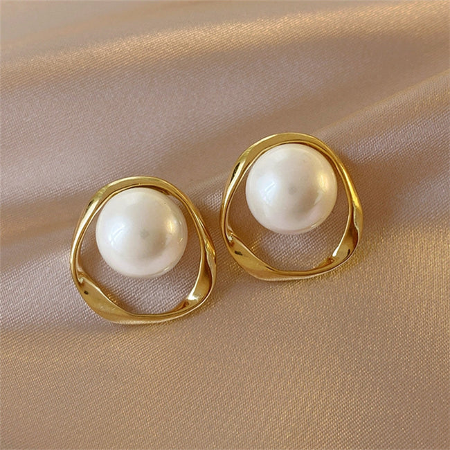 Aferando Gold Plated Pearl Irregular Hollow Stud Earrings for Women