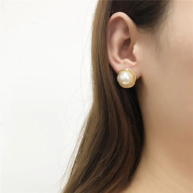 Aferando Gold Plated Round Big Pearl Stud Earring for Women in elegant design on a white background