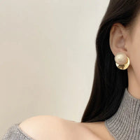Aferando Gold Plated Round Disc Big Pearl Stud Earrings for Women