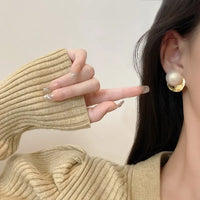Aferando Gold Plated Round Disc Big Pearl Stud Earrings for Women