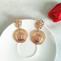 Gold Plated Embossed Lion Head Royal Metal Drop Earrings for Women by Aferando - Regal and Luxurious Design