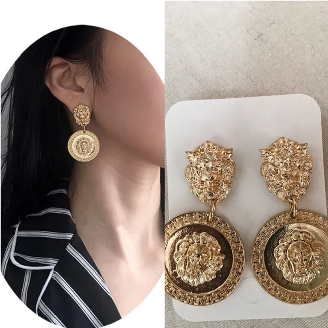 Gold Plated Embossed Lion Head Royal Metal Drop Earrings for Women by Aferando - Regal and Luxurious Design