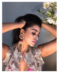 Deepika Padukone Inspired Stunning Rani Color Meenakari Designer Jhumka Earring  - Featuring Kundan Pearls & Meenakari Work by Aferando