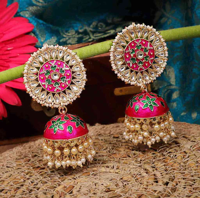 Rani color Meenakari Designer Jhumka Earring inspired by Bollywood Star Deepika Padukone with kundan pearls & meenakari work by Aferando