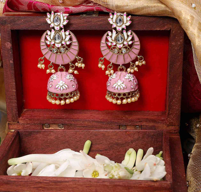 Pink Colored Hand Crafted Meenakari Lotus Chandbali