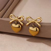 18K Gold Plated Anti-Tarnish Bow Heart Charm Drop Earrings For Women — Stainless Steel