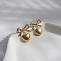 18K Gold Plated Anti-Tarnish Bow Heart Charm Drop Earrings For Women — Stainless Steel