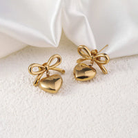 18K Gold Plated Anti-Tarnish Bow Heart Charm Drop Earrings For Women — Stainless Steel