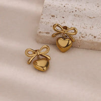 18K Gold Plated Anti-Tarnish Bow Heart Charm Drop Earrings For Women — Stainless Steel