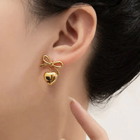18K Gold Plated Anti-Tarnish Bow Heart Charm Drop Earrings For Women — Stainless Steel