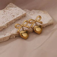 18K Gold Plated Anti-Tarnish Bow Heart Charm Drop Earrings For Women — Stainless Steel
