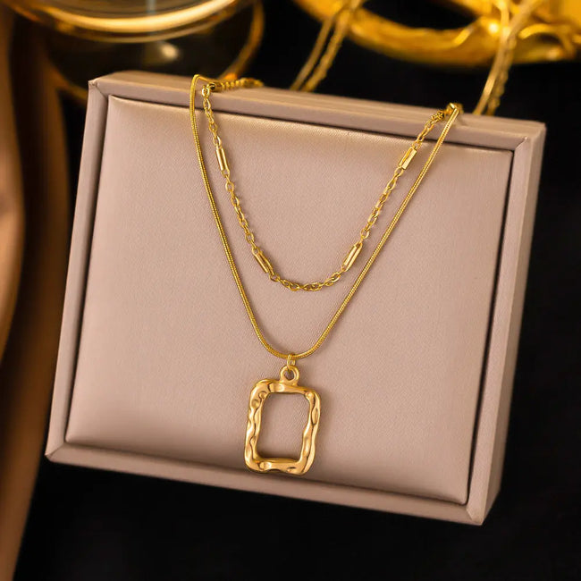 18K Gold Plated Anti-Tarnish Stainless Steel  Double Layered Snake Chain Simple Hollow Square Pendant Necklace For Women