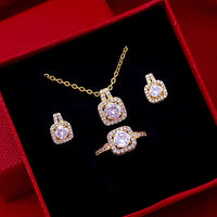 18K Gold Plated Zircon Diamond Alloy Necklace Earrings Finger Ring Set