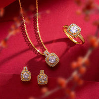 18K Gold Plated Zircon Diamond Alloy Necklace Earrings Finger Ring Set