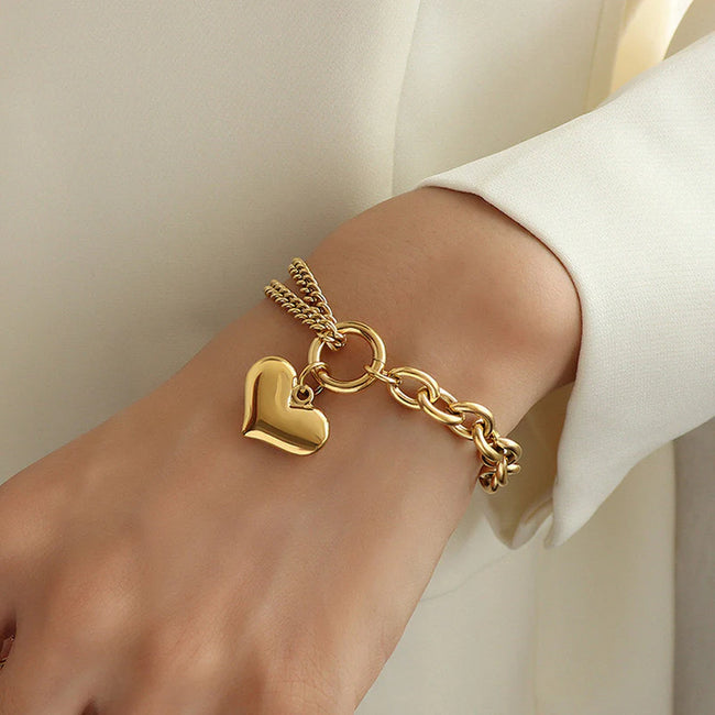 Anti-Tarnish 18K Gold Plated Chunky Chain Heart Charm Bracelet For Women — Bold Statement