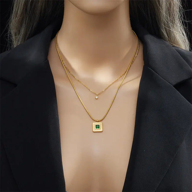 Anti-tarnish Stainless Steel 18k Gold Plated Double Layer Emerald Zircon Pendant Necklace Women