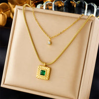Stainless Steel 18k Gold Plated Double Layer Emerald Zircon Pendant Necklace Women