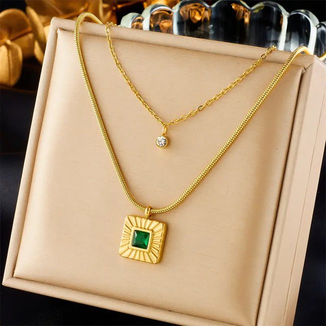 18k Gold Plated Double Layer Stainless Steel Anti Tarnish Emerald Zircon Pendant Necklace Women