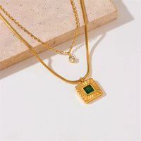 Stainless Steel 18k Gold Plated Double Layer Emerald Zircon Pendant Necklace Women