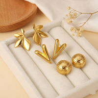 3-in-1 Clean Gold Earring Set — Anti-Tarnish V-Heart, Dome Ball & Petal Flower Studs