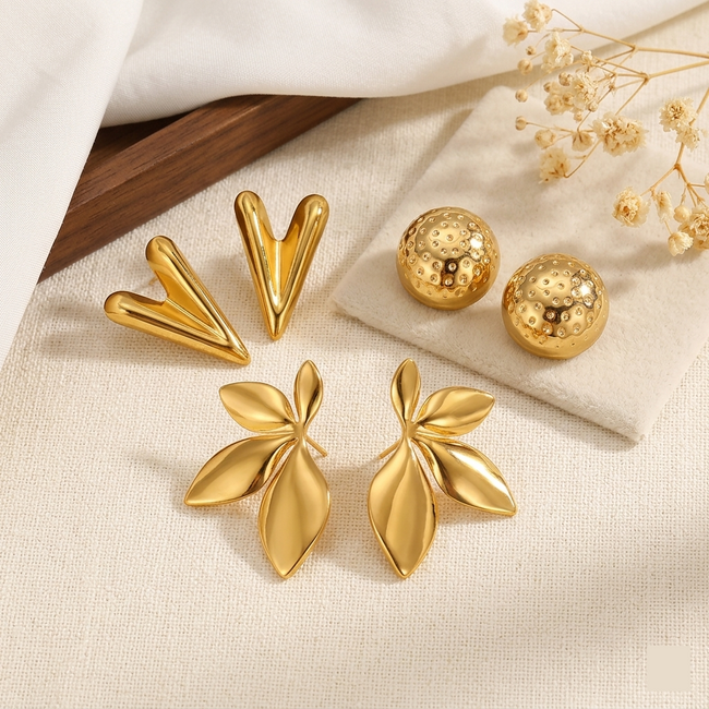 3-in-1 Clean Gold Earring Set — Anti-Tarnish V-Heart, Dome Ball & Petal Flower Studs