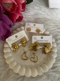 4-in-1 Gold Earring Set — Anti-Tarnish Floral, Heart, Fireworks & Mushroom Studs